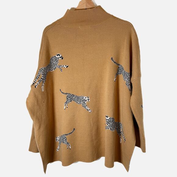 Entro Cheetah Print Mock Neck Oversized Cozy Knit Sweater Tan Drop Shoulder M - Picture 4 of 15